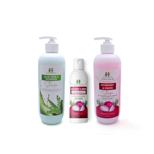 Combo Pack of Aloe Vera and Moringa Shampoo (500ml), Rosemary and Onion Shampoo (500ml) & Rosemary and Onion Hair Growth Oil (120ml)