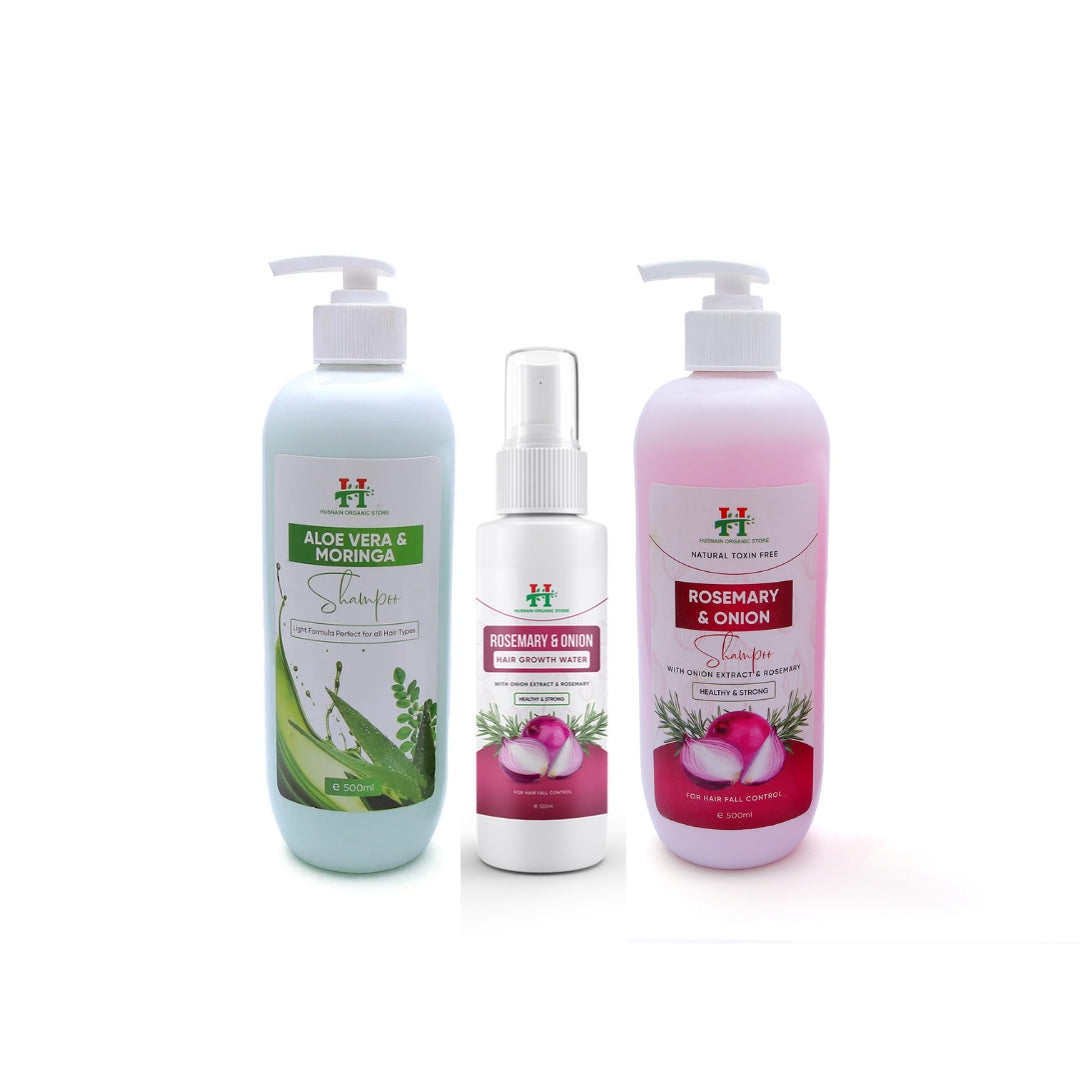 Combo Pack of Aloe Vera and Moringa Shampoo (500ml), Rosemary and Onion Shampoo (500ml) & Rosemary and Onion Hair Growth Water (120ml)