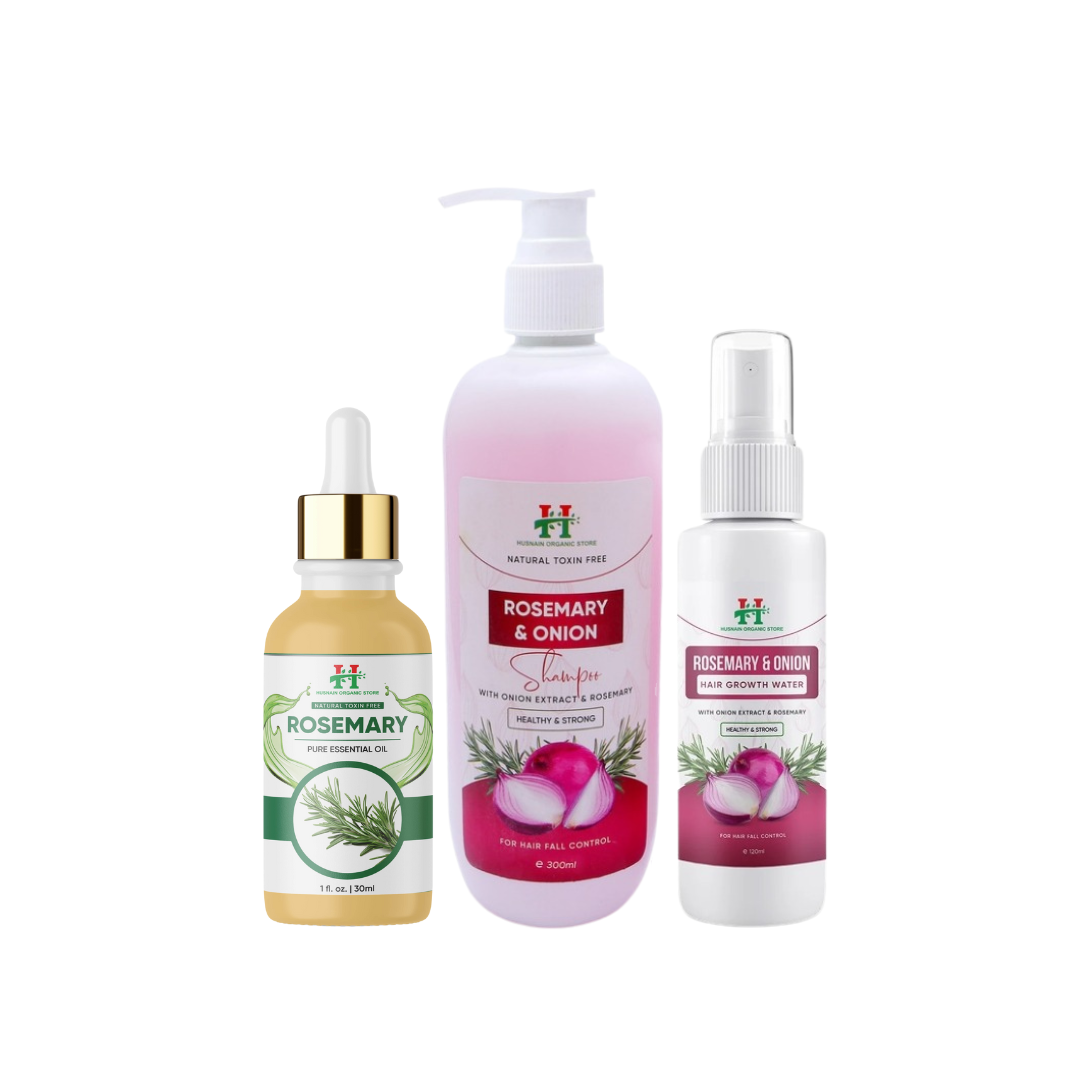 Combo Pack of Husnain Organic Store Rosemary and Onion Shampoo, Hair Growth Water and Rosemary Essential Oil